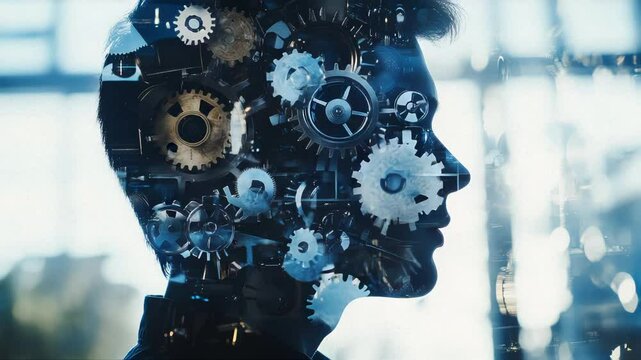 powerful visual of a human silhouette, overlaid with intricate mechanical gears and cogs, symbolizing the fusion of human intelligence and technology