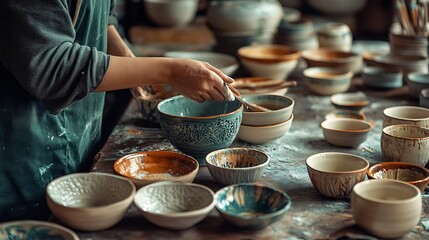 artisan pottery workshop where hands-on ceramic creation takes place. Skilled artisans mold clay into unique pottery pieces, surrounded by tools, drying ceramics, and a creative, rustic.