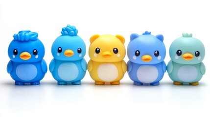 Fototapeta premium Sadness array five adorable cartoon birds different color expressions big eyes little beak cute design studio shot clean background row