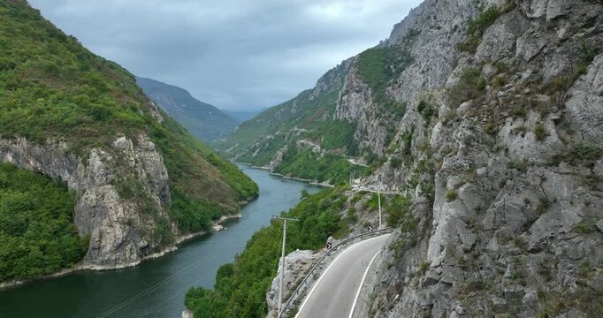 Shal&euml; (Shala) River Albanian Alps - Aerial Ascending next Canyon Wall