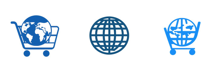 Illustrative icons representing global commerce, featuring a shopping cart, globe, and interconnected network, symbolizing international trade isolated on white or transparent png