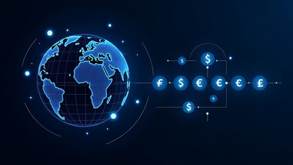 Futuristic digital illustration of global finance, featuring a glowing blue globe, currency symbols, and interconnected data flows, symbolizing digital transactions and networks.