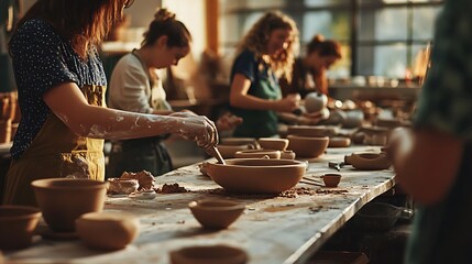 Participants in a pottery class mold clay with focus and creativity, turning raw material into beautiful ceramic art a blend of learning, tradition, and hands-on expression.
