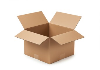 An open cardboard box with flaps extending outwards on a plain white background in a studio shot