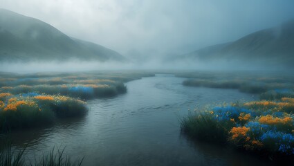 Obraz premium Misty Mountain Stream with Wildflowers Landscape