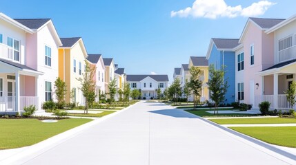 Colorful townhomes in a residential street