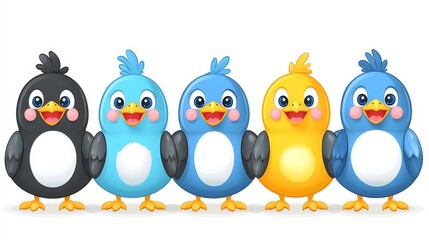 Naklejka premium Cheerful pixelated cartoon birds lined up against a white background evoking a playful digital flock with vibrant feathers and cute expressions