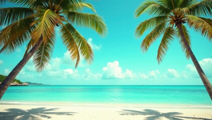 Fototapeta premium Vintage toned palm trees and beach in the background of turquoise ocean, palm, tropical, turquoise