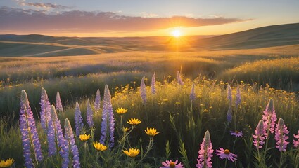 Naklejka premium Flower Field at Sunrise