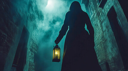 Female tour guide holding a lantern, leading a ghost tour at night. Shadows and old buildings create a spooky, mysterious atmosphere
