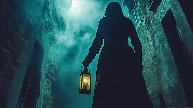 Female tour guide holding a lantern, leading a ghost tour at night. Shadows and old buildings create a spooky, mysterious atmosphere