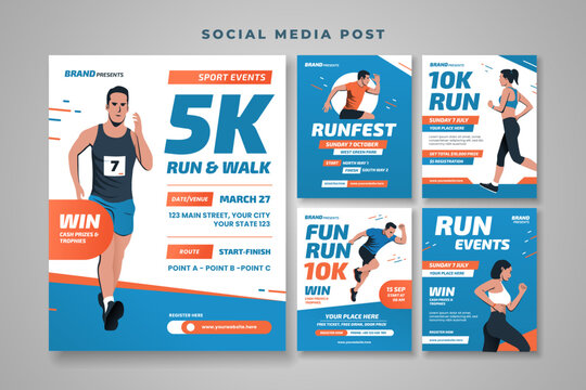 Running event social media post template. Marathon sport competition