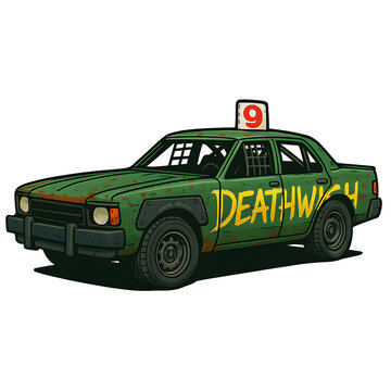 Gr&uuml;nes Demolition-Derby-Auto mit &bdquo;Deathwish&ldquo;-Schriftzug und Nummer 9