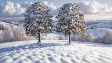 Obraz premium Winter's embrace paints a serene landscape with snow-laden trees standing guard beneath a sky filled with billowing clouds offering a tranquil moment