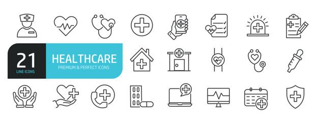 Set of line icons related to lhealthcare, medical, hospital. Outline icons collection. Editable stroke. Vector illustration