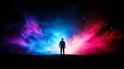 Fototapeta premium Silhouette of Person Against Cosmic Background - A solitary figure stands silhouetted against a vibrant, cosmic backdrop of swirling nebulae in shades of blue and pink