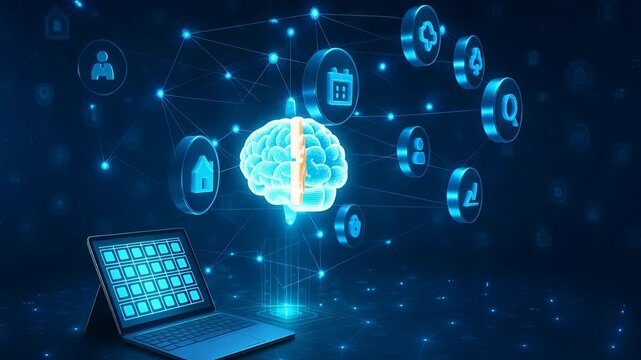 Laptop with digital brain and connected icons for artificial intelligence, machine learning, and data processing

