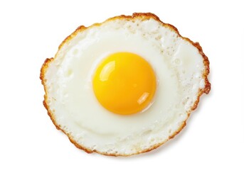 A single fried egg with a bright yellow yolk and crispy white edges on a plain white background is shown