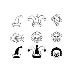 chef hat icon set. Jester Hat, Fish Skeleton, Clown Face – Whimsical Minimalist Icons with Circus Theme.