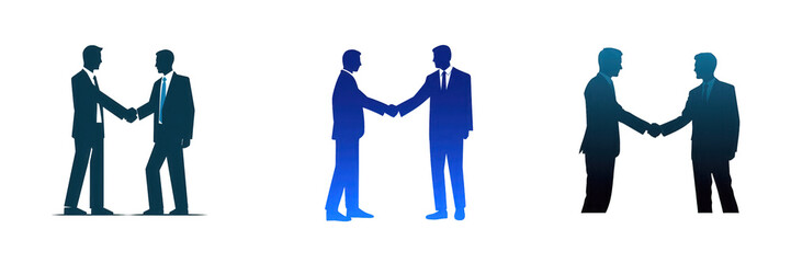 Fototapeta premium Three professional figures engaging in a handshake, symbolizing partnership and agreement, against a simple gradient background isolated on white or transparent png