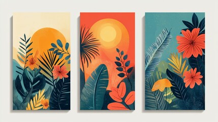 Fototapeta na wymiar Tropical botanical artwork set with radiant sun and vibrant color palettes