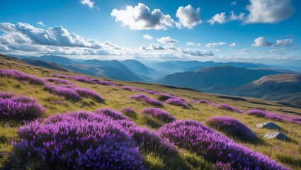 Fototapeta premium Purple Flower Field in Mountain Landscape