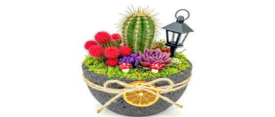 Photorealistic image of a miniature desert garden in a rustic, dark volcanic-stone pot adorned with a twine bow and a dried orange slice charm