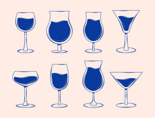 Set of vintage glasses icons. Blue retro cocktails isolated. Vector illustration