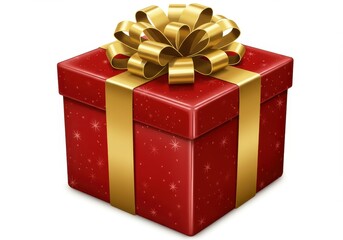 Fototapeta premium A red gift box with gold ribbon and bow on a white background in a studio shot with stars pattern