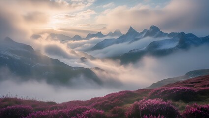 Fototapeta premium Mountain range landscape in fog with purple heather