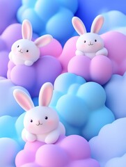 Three Bunnies Among Fluffy Clouds - Adorable 3D of three bunnies nestled amongst pastel-colored clouds. Symbolizing: dreams, innocence, gentleness, purity, joy