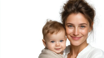 A joyful moment captured between a mother and her smiling baby. The natural expressions convey warmth and love, perfect for family-focused themes and parenting-related content.