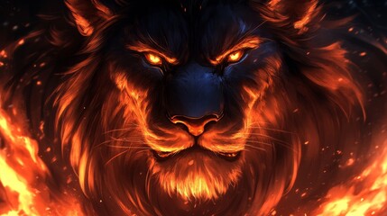 Naklejka premium Fiery lion head artwork, burning mane and glowing eyes, digital rendering of a powerful, blazing king, mythical beast of inferno and dark