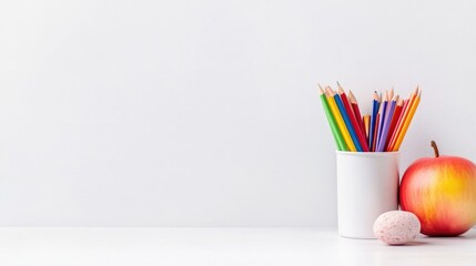 Obraz premium Colorful pencils in a white container, next to a red apple and a pink eraser on a white background