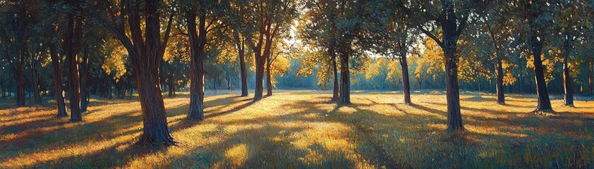 Fototapeta premium Sunlight filters through leafy trees, creating enchanting dappled shadows on the ground, ideal for serene and tranquil outdoor scenes.