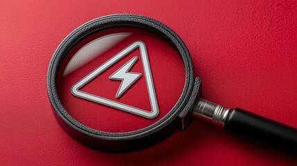 A magnifying glass focuses on a red triangular warning sign featuring a lightning bolt, symbolizing electrical hazards and safety awareness in technology and engineering practices.