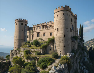 Ancient Stone Castle on Cliffside with Lush Greenery and Blue Sky