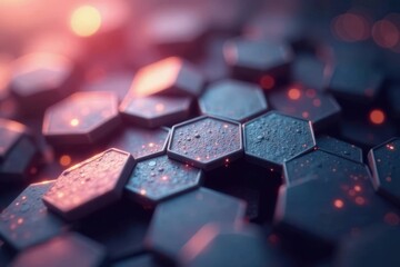 Metallic hexagons suspended in mid air with subtle soft glow, machine elements, hexagonal shapes