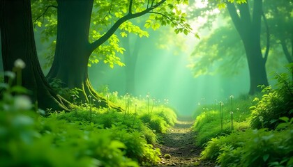 Fototapeta premium A path through a green forest with sunlight