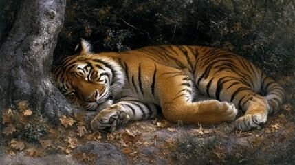 Obraz premium Captured moment of tranquil serenity a peaceful slumber of a tiger enveloped by the comforting embrace of nature's foliage wildlife art illustration