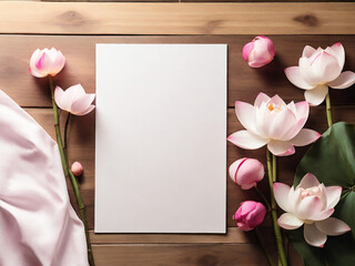 Obraz premium Pink lotus flowers on wooden surface with a paper ,AI generated