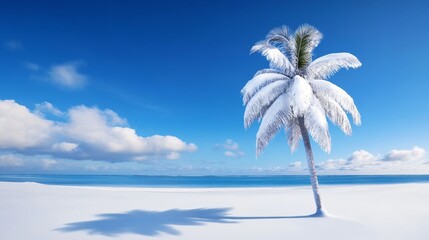 Winter's Embrace on a Tropical Shore - A lone snow-covered coconut palm tree stands on a pristine white sandy beach, symbolizing contrast, resilience, unexpected beauty, serenity