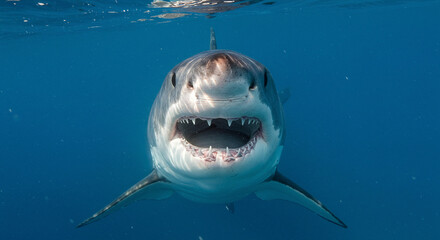 Close-up front view of a terrifying great white shark with its mouth open and sharp teeth exposed, swimming in the deep blue ocean water
