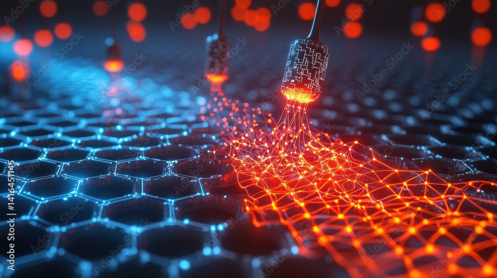Poster 3d rendering of nano scale circuits embedded in organic materials with advanced connectivity and fut