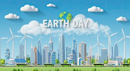 Obraz premium Eco friendly city illustration for earth day with modern buildings renewable energy sources electric vehicles