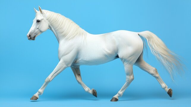 A white horse is running on a blue background