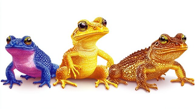 Whimsical trio of jewel tone frogs against a stark white backdrop embodying fantasy amphibian charm vibrant fauna and playful amphibian elegance