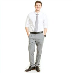 Naklejka premium A young man in a smart casual outfit poses confidently. His white shirt and grey trousers reflect a professional style, making him suitable for various business environments.