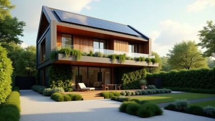 Modern house featuring a solar panel roof designed for sustainability and energy efficiency in a bright environment