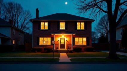 Striking house illuminated at night creating a captivating visual with soft light and dark surroundings